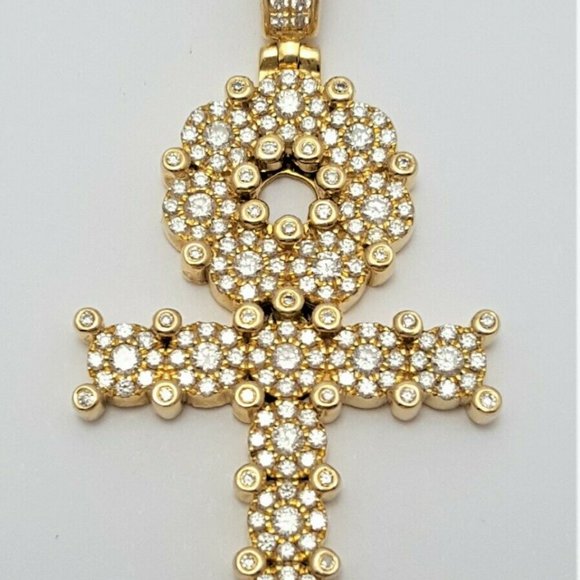 Unique 14K Karat Solid Yellow Gold Designer Ankh Cubic Zirconia Charm Pendant - Picture 2 of 10